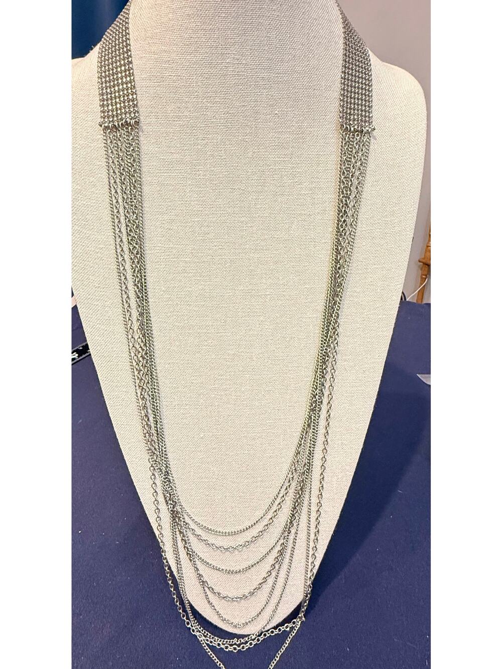 Vintage Runway Silver Tone Multi Layer Chain Fringe Statement Necklace 18”